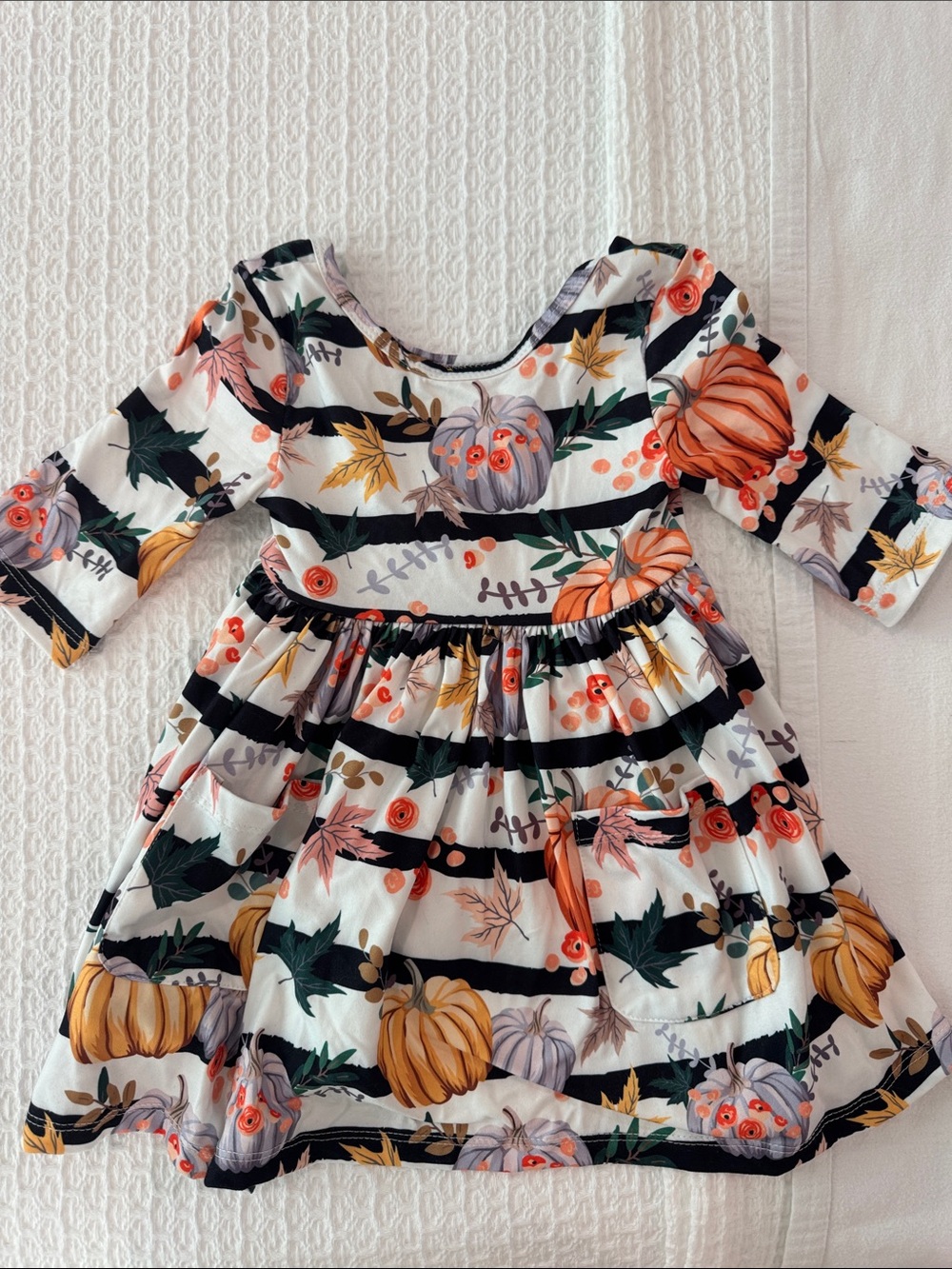 Mila and Rose Striped Pumpkin Fall Twirl Dress-Black & White with Orange Accent